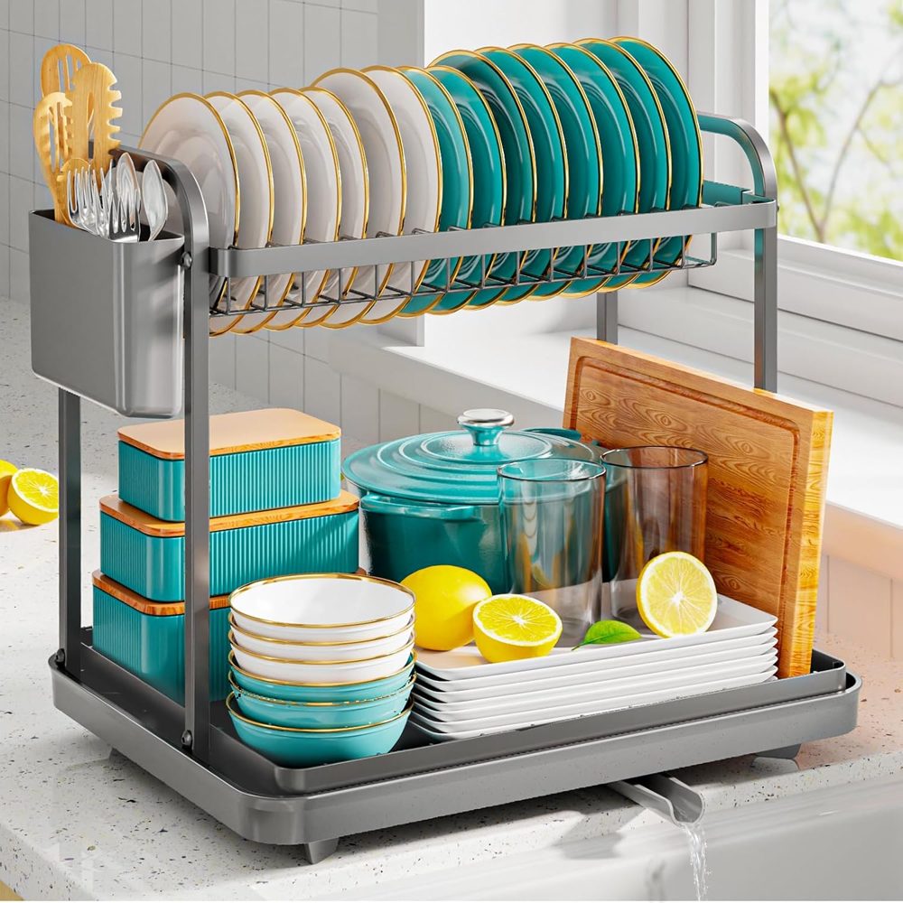 Sakugi 2-Tier Dish Drying Rack, 15" x 11.4" x 15", Gray — view 2