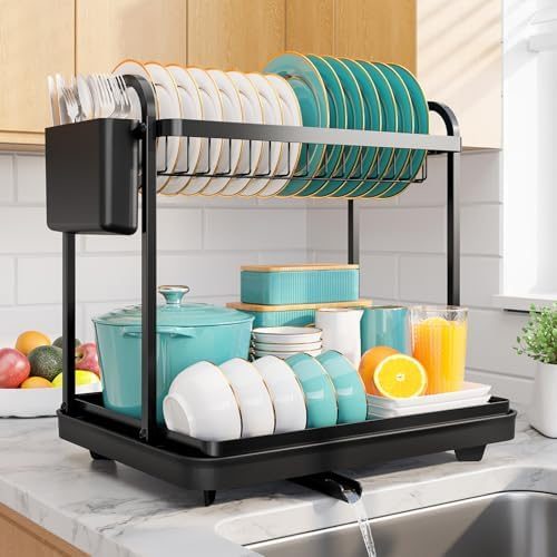 Sakugi 2-Tier Dish Drying Rack with Cutlery Holders, 15" x 11.4" x 15", Black