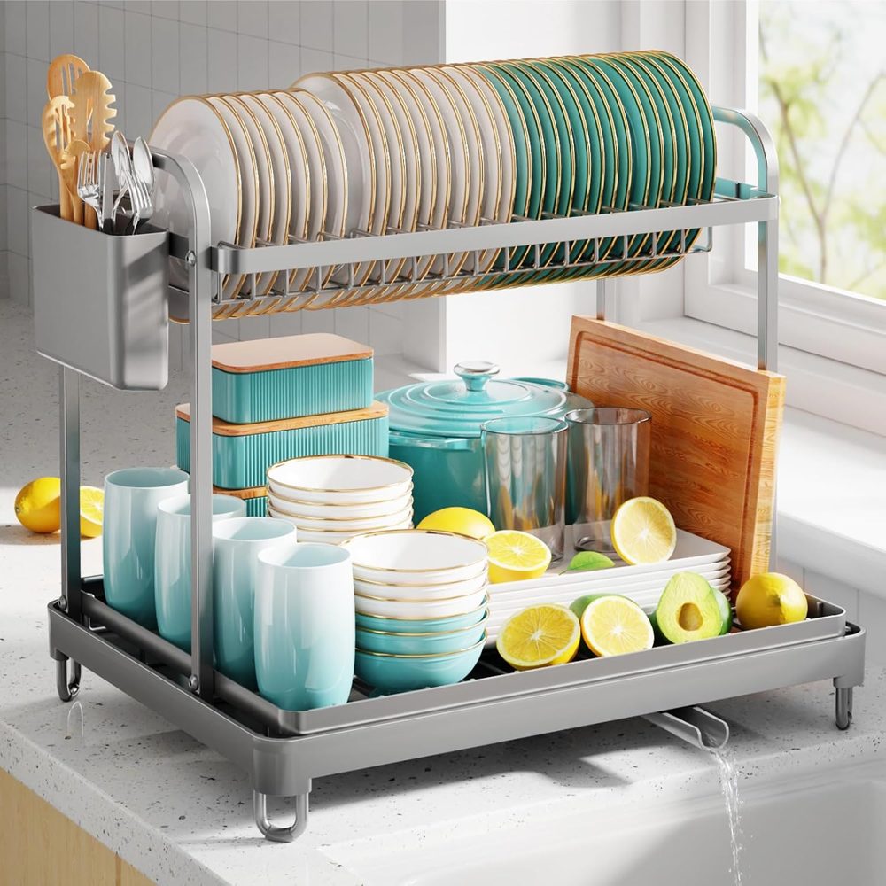 Sakugi 2-Tier Dish Drying Rack X-Large, 16.7" x 12.7" x 15.8", Black — view 5