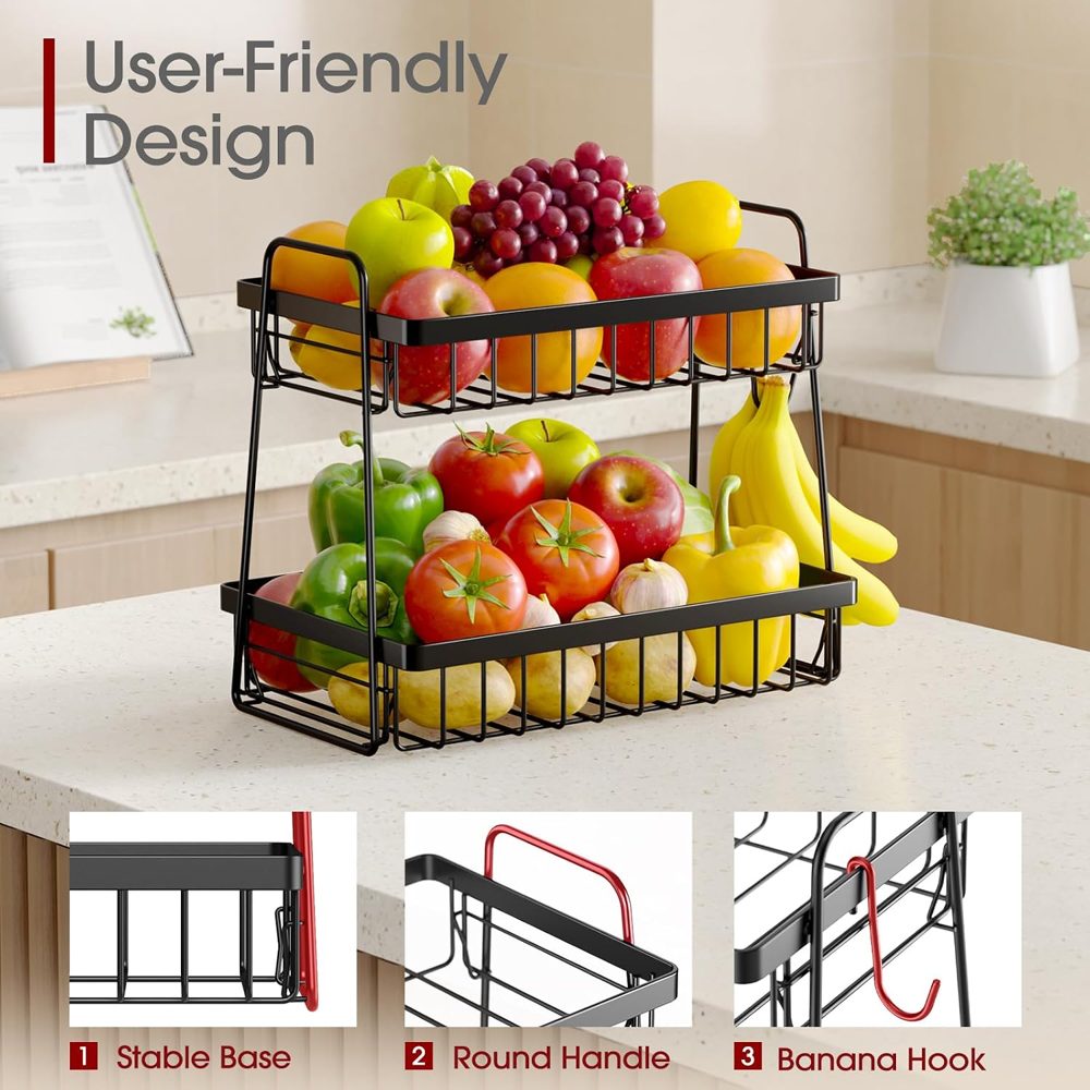 Sakugi 2-Tier Fruit Basket with Banana Hanger & Handles, 13.4" x 8.7" x 11.7", Black — view 5