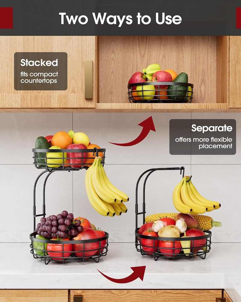 Sakugi 2-Tier Large Fruit Basket with Banana Hanger, 10" x 10" x 14", Black — view 4