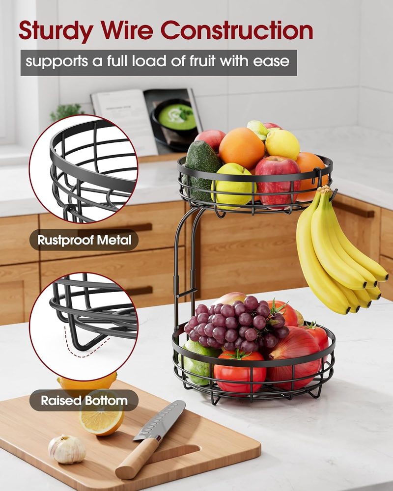 Sakugi 2-Tier Large Fruit Basket with Banana Hanger, 10" x 10" x 14", Black — view 5