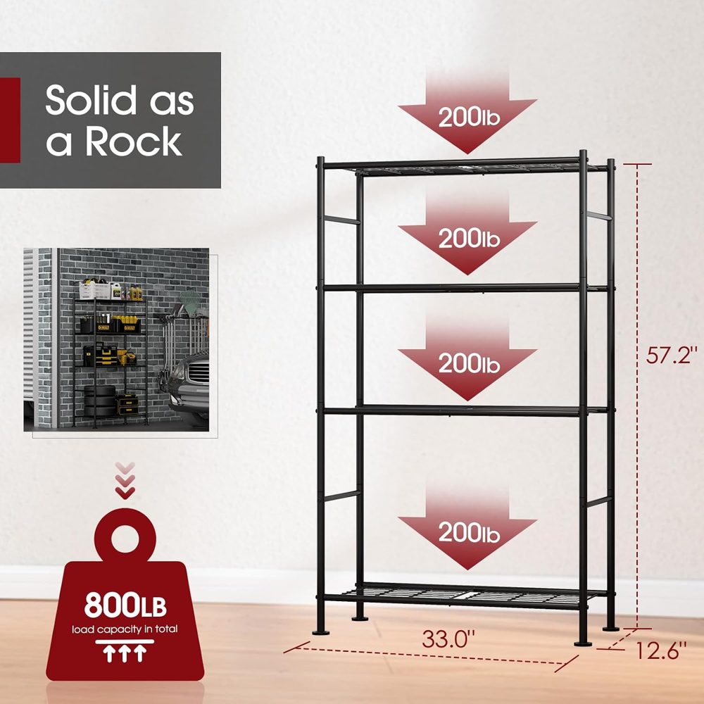 Sakugi 4-Tier Heavy-Duty Storage Shelves, 33" x 12.6" x 57.2", Black — view 3