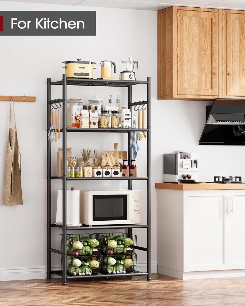Sakugi 5-Tier Large-Capacity Storage Shelves with Hooks, 23.6" x 13.7" x 59", White — view 3