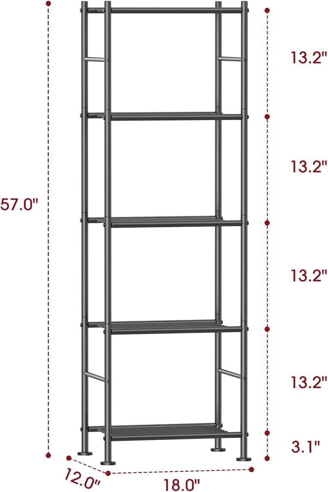 Sakugi 5-Tier Metal Storage Shelves Adjustable Feet, 18"x12"x57" — view 3
