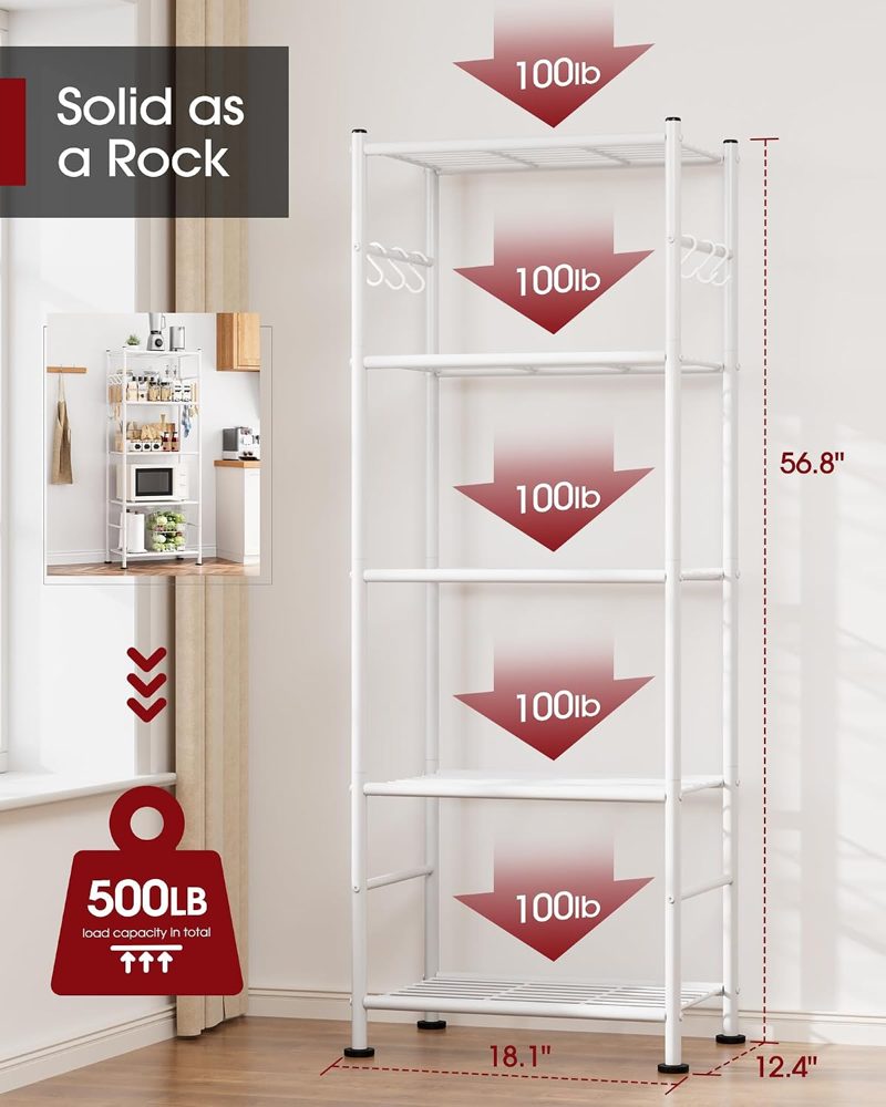 Sakugi 5-Tier Storage Rack with Hooks, 18.1" x 12.4" x 56.8", White — view 4