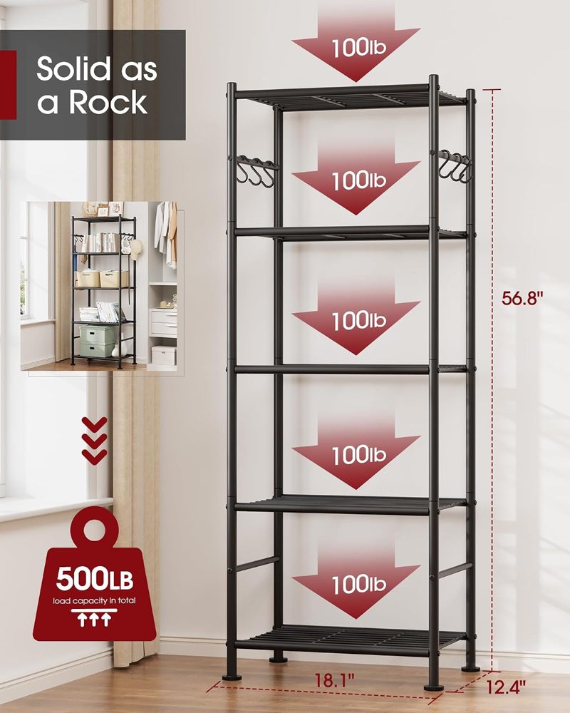 Sakugi 5-Tier Storage Rack Organizer with Hooks, 18.1"×12.4"×56.8" — view 4