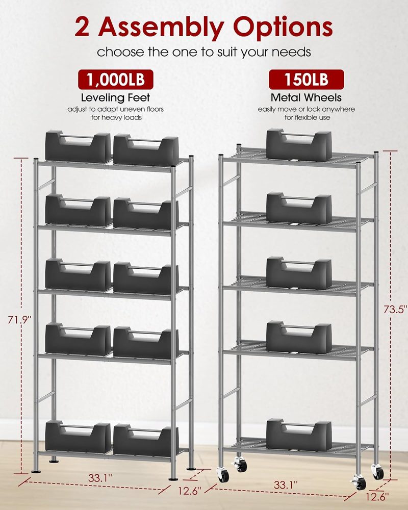 Sakugi 5-Tier Storage Shelves 33.1" x12.6' x73.5 Silver with Wheels — view 4