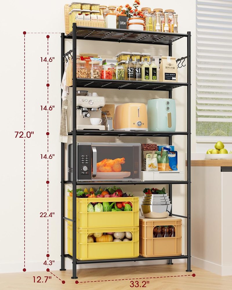 Sakugi 5-Tier Storage Shelves with 6 Hooks, 33.2" x 12.7" x 71.1" — view 4