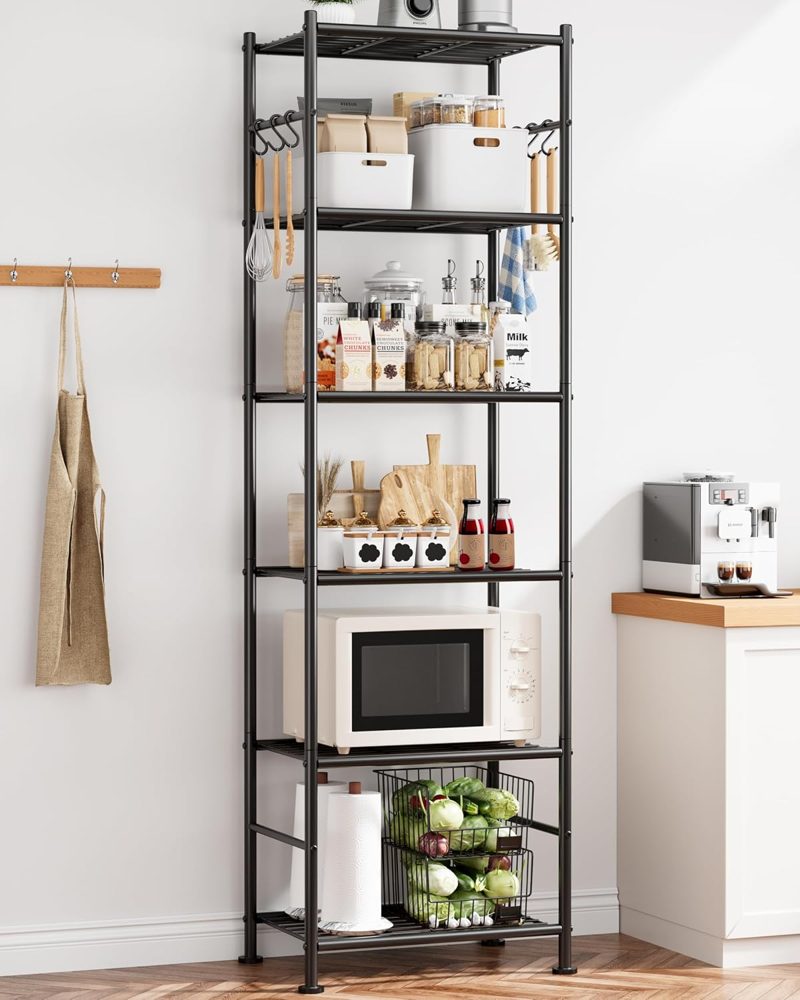 Sakugi 6-Tier Large-Capacity Storage Shelves with Hooks, 18.1" x 12.4" x 70.1", Black — view 3