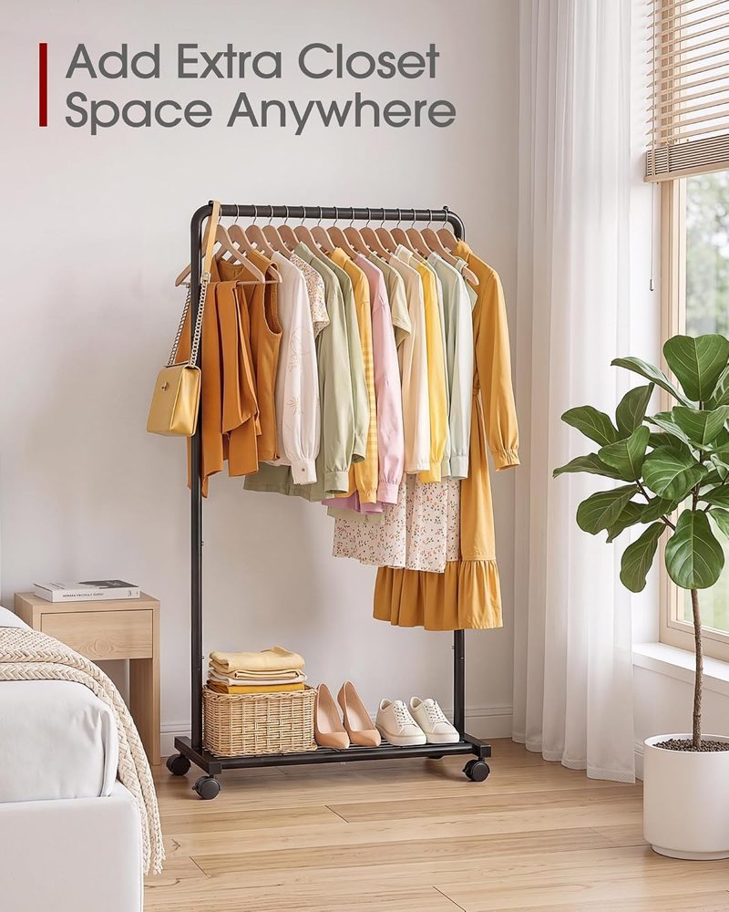 Sakugi Clothes Rack with Mesh Shelf & Casters, 28" x 16.9" x 59", Black — view 3