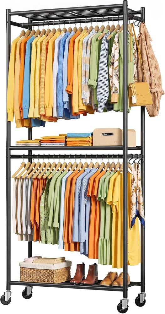 Sakugi Clothes Rack with Shelves & Wheels, 33" x 12.2" x 79.5", Black — view 2