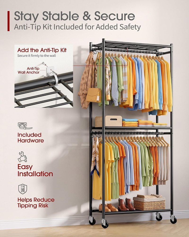 Sakugi Clothes Rack with Shelves & Wheels, 33" x 12.2" x 79.5", Black — view 3