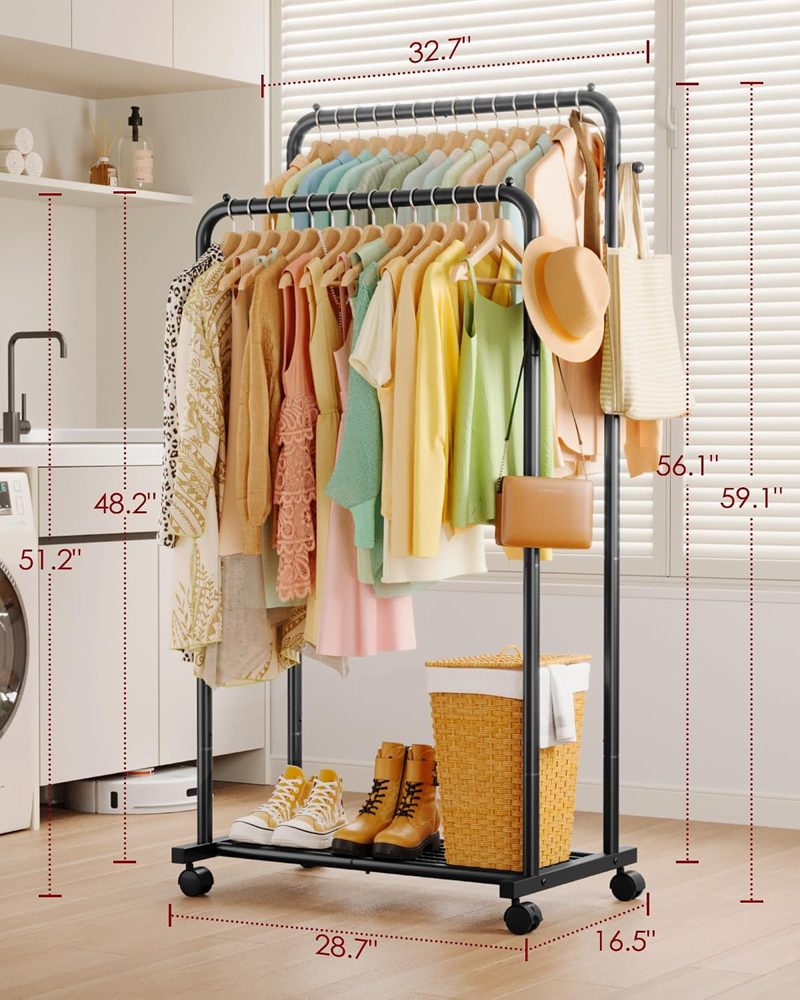 Sakugi Double Rod Clothes Rack Mesh Shelf & Hooks, 28.7x16.5x59.1 — view 3