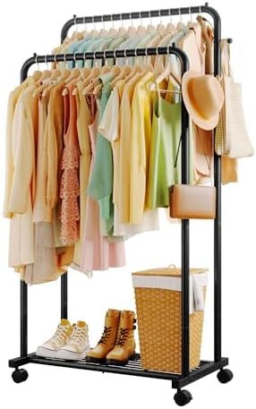 Sakugi Double Rod Clothes Rack Mesh Shelf & Hooks, 28.7x16.5x59.1