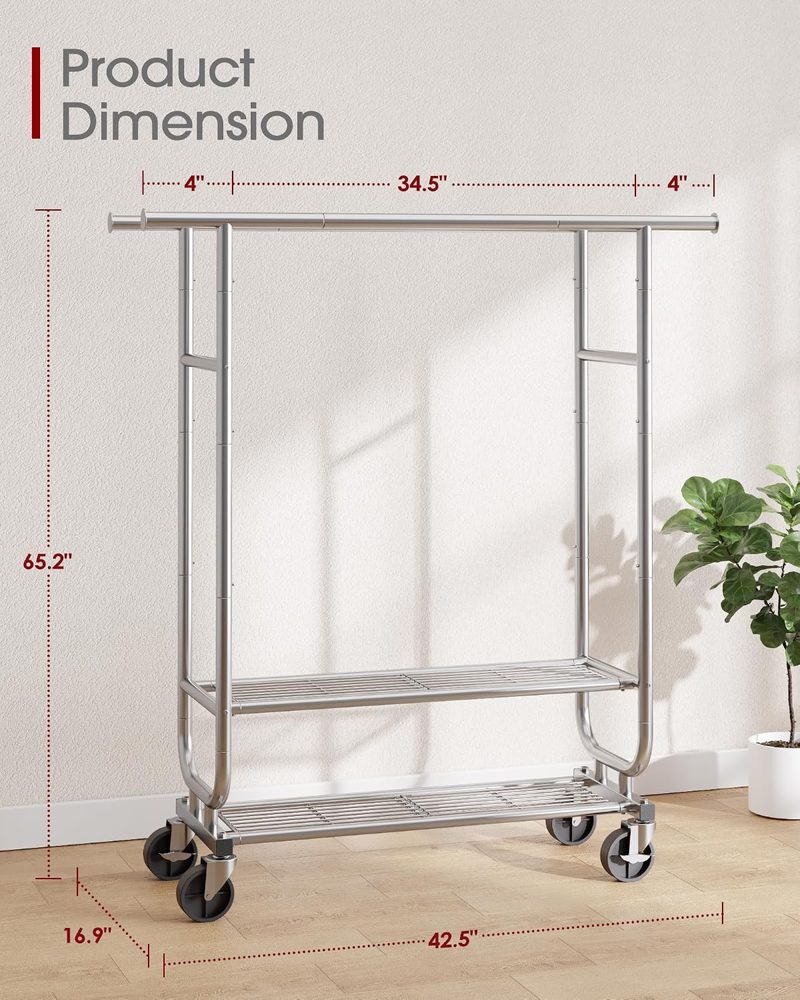 Sakugi Double-Rod Garment Rack 2-Tier 42.5" x16.9" x65.2" Silver Wheels — view 5