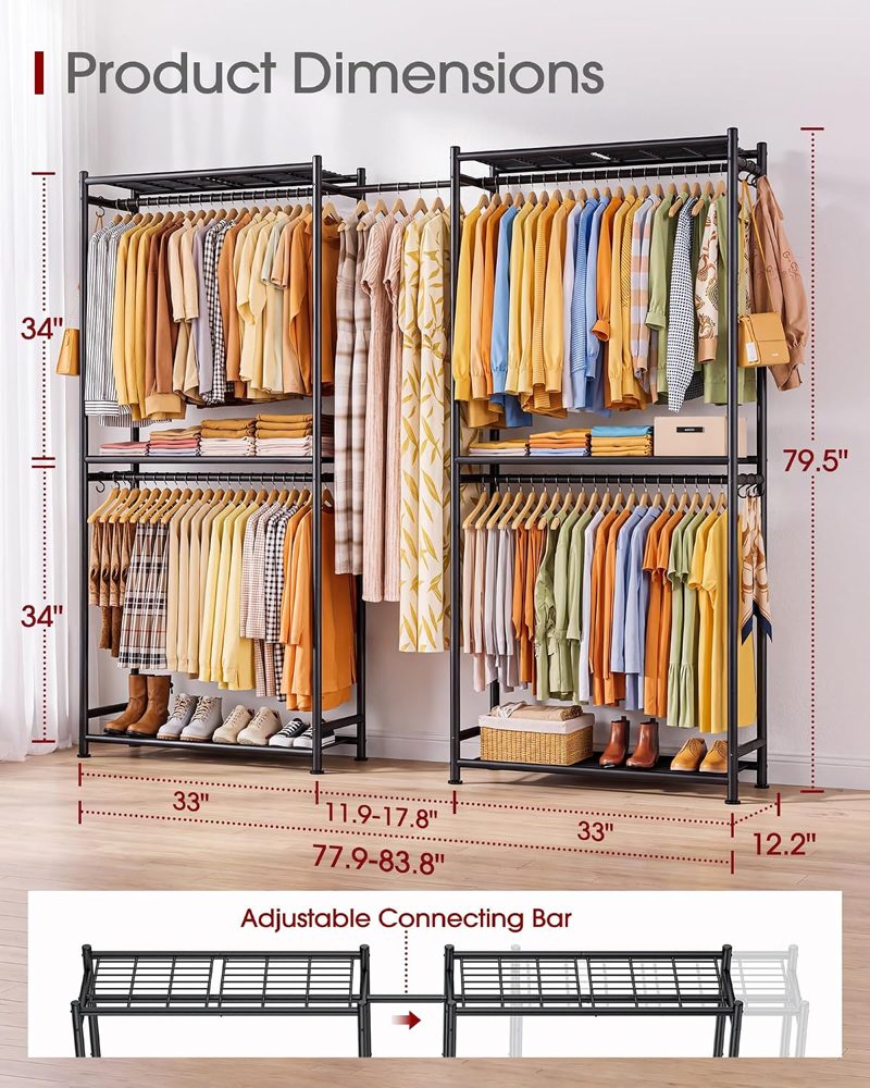Sakugi Extendable Clothes Rack with Shelves, 77.9"–83.8" x 12.2" x 79.5", Black — view 4