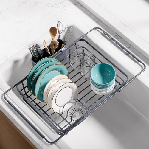 Sakugi Extendable Over-Sink Dish Drainer, 12" x 16.1"–23", Silver