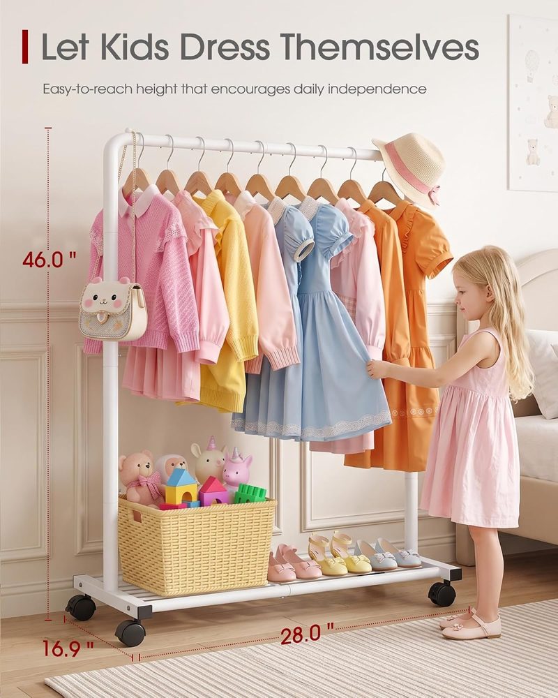 Sakugi Kids Clothes Rack with Bottom Shelf, 28" x 16.9" x 46", White — view 3