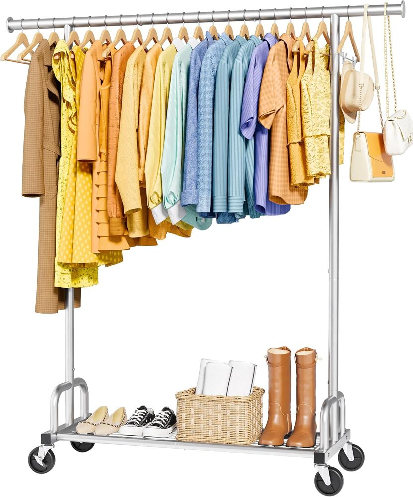 Sakugi Large-Capacity Clothes Rack with Lockable Wheels, 45.6" x 16.9" x 59", Silver — view 2