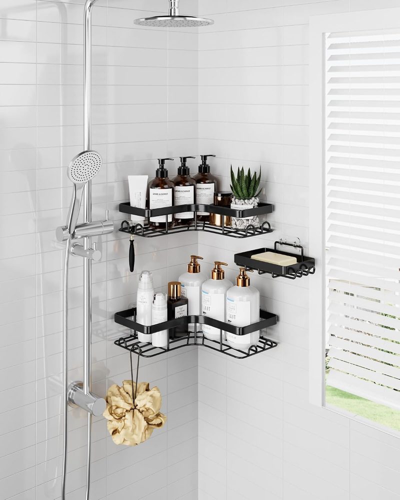 Sakugi Large Corner Shower Caddy 3-Pack with Soap Holder, Black — view 3