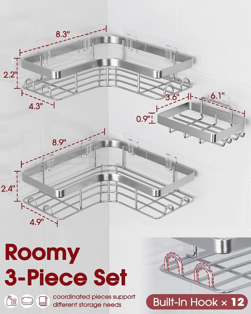 Sakugi Large Corner Shower Caddy 3-Pack with Soap Holder, Silver — view 3