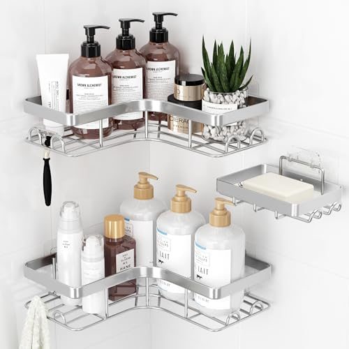 Sakugi Large Corner Shower Caddy 3-Pack with Soap Holder, Silver