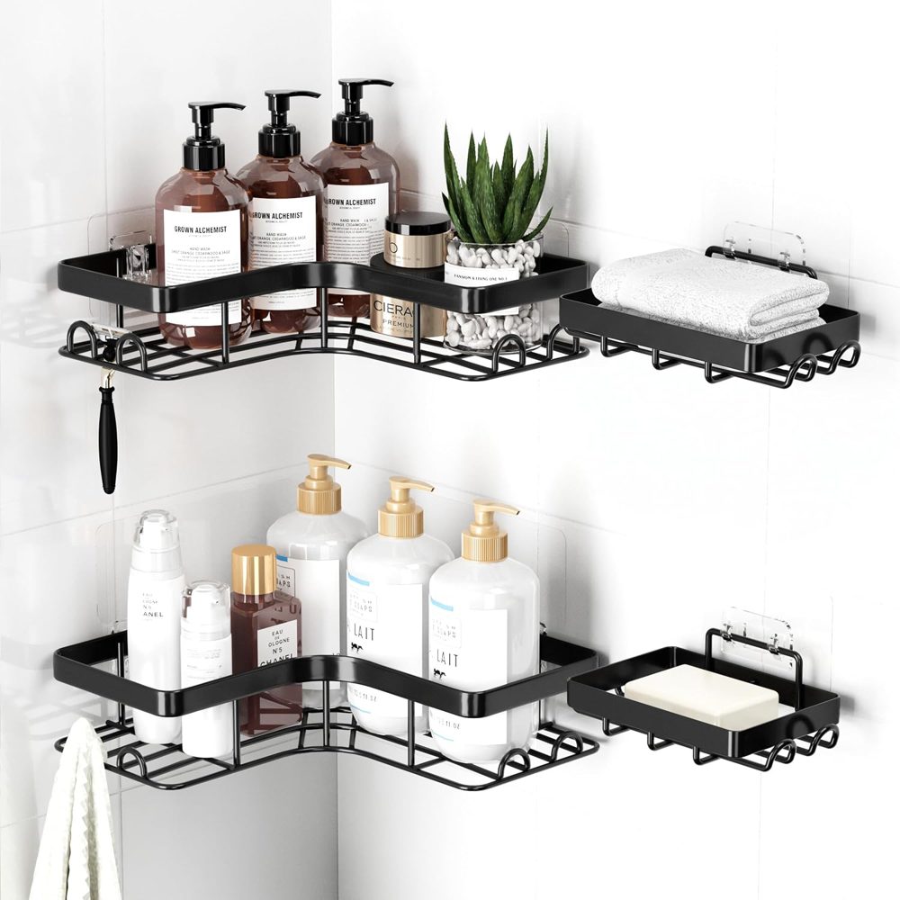 Sakugi Large Corner Shower Caddy 4-Pack with Toothbrush Holder, Black — view 2