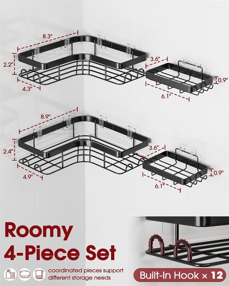 Sakugi Large Corner Shower Caddy 4-Pack with Toothbrush Holder, Black — view 3