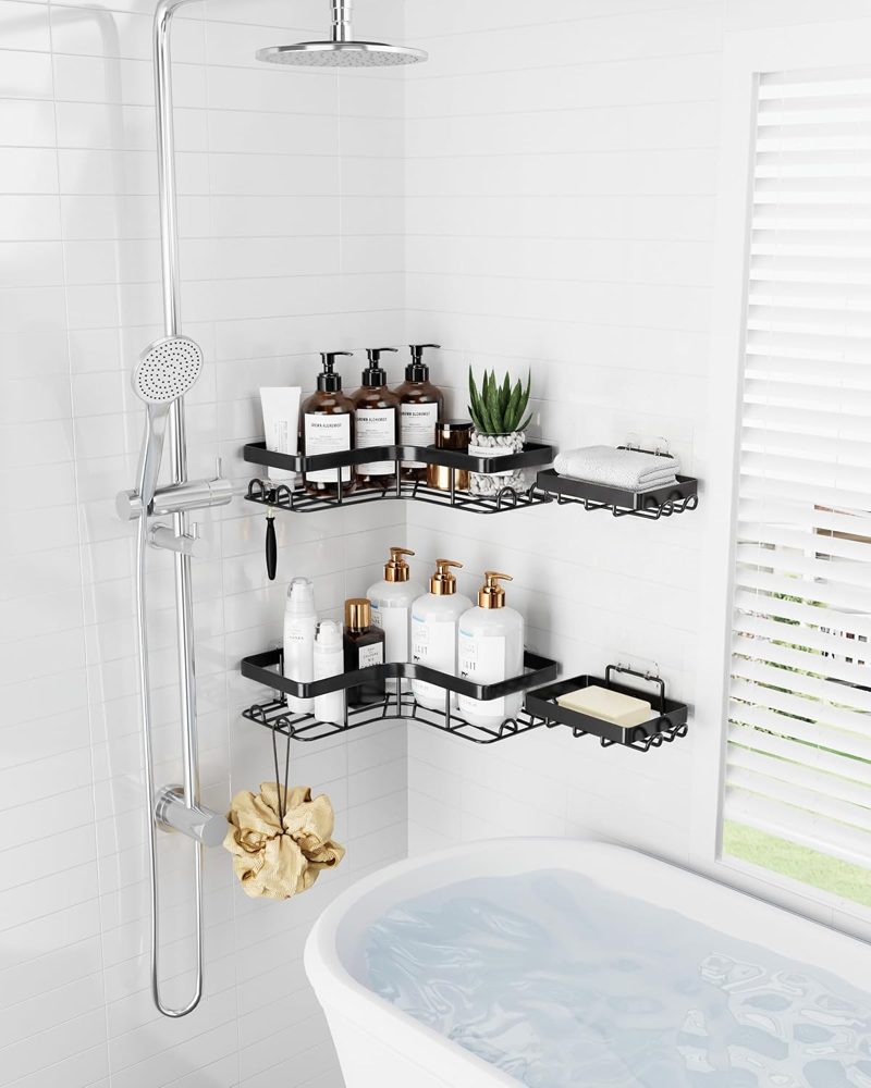 Sakugi Large Corner Shower Caddy 4-Pack with Toothbrush Holder, Black — view 4