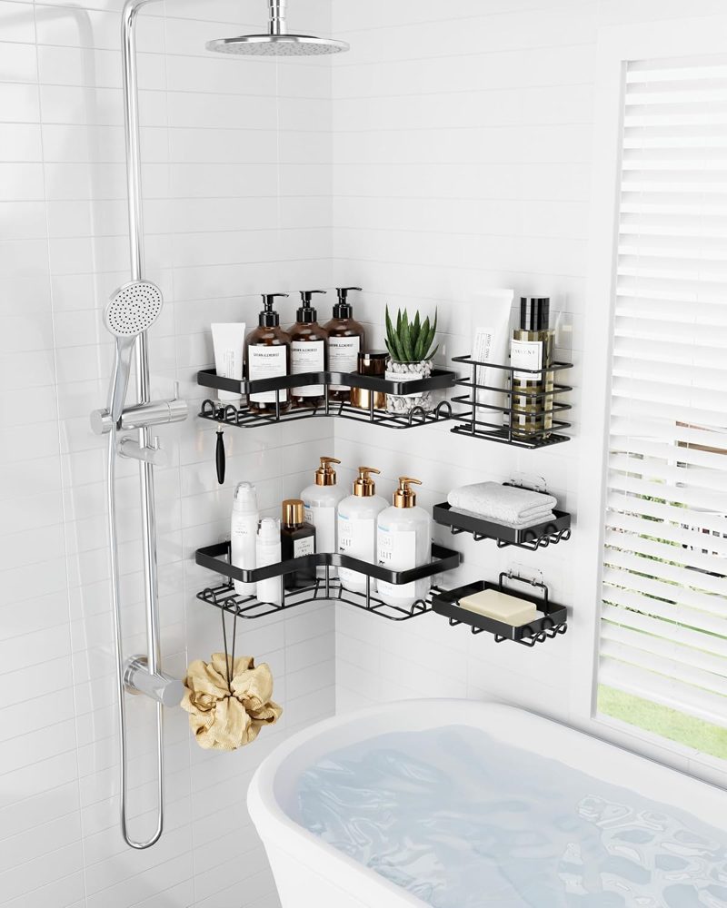 Sakugi Large Corner Shower Caddy 5-Pack with Toothbrush Holder, Black — view 4