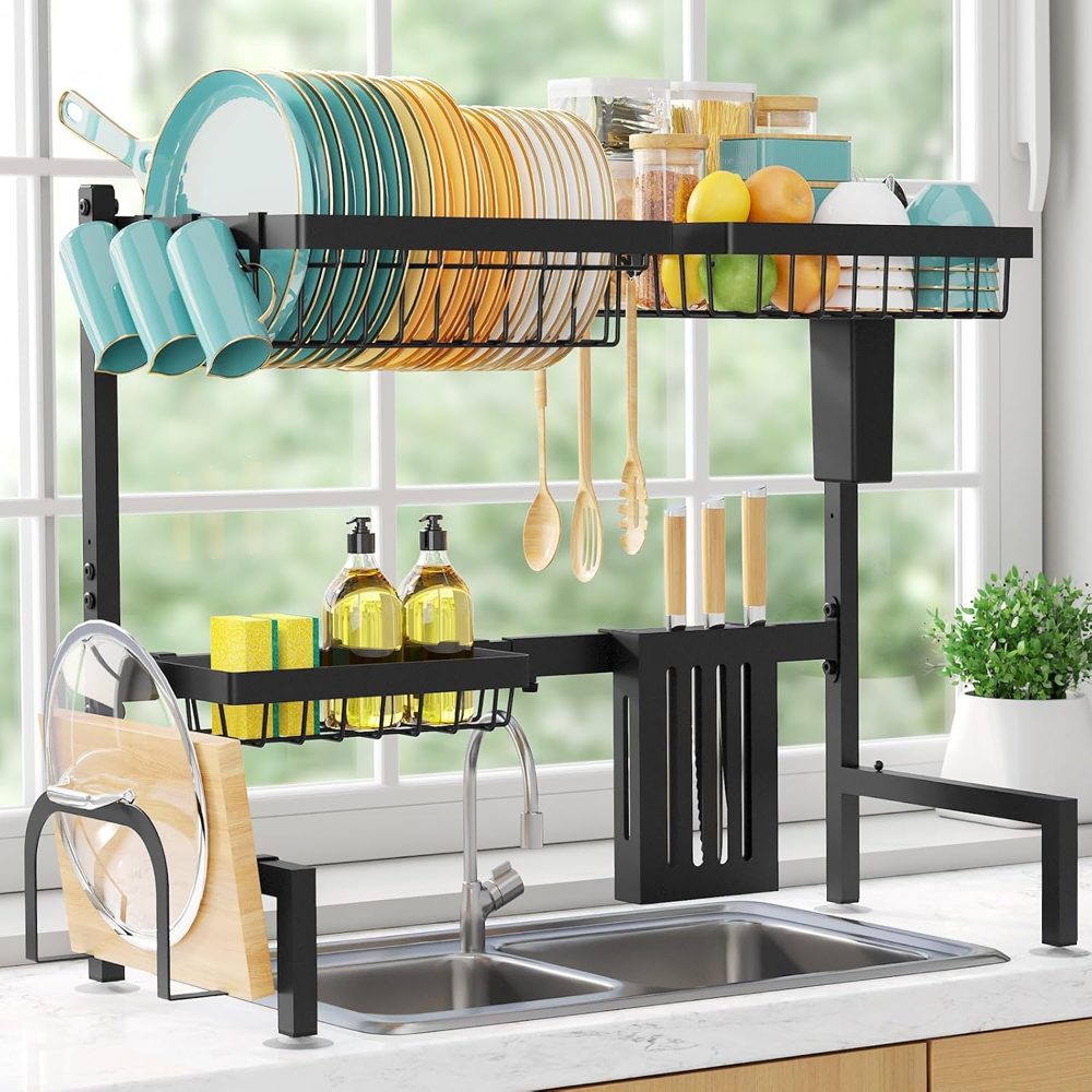 Sakugi Over-the-Sink Dish Drying Rack, 2-Tier Large, 30"–33.9" Adjustable, Black — view 2