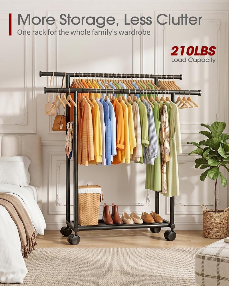 Sakugi Rolling Double Rod Clothes Rack with Shelf, 39" x 17" x 60" — view 3