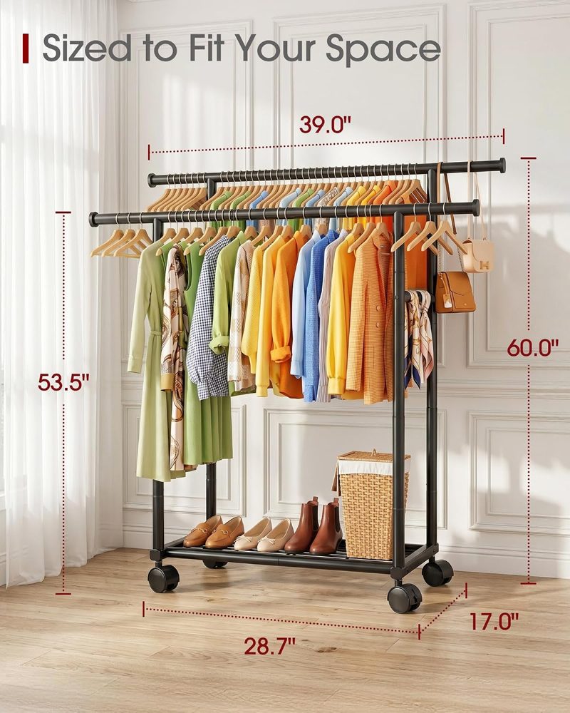 Sakugi Rolling Double Rod Clothes Rack with Shelf, 39" x 17" x 60" — view 5