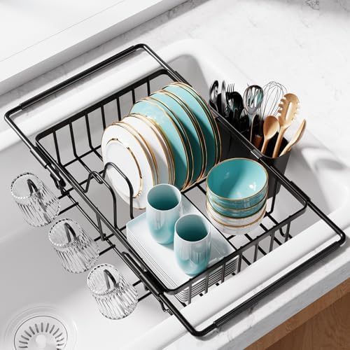 Sakugi In-Sink Expandable Dish Drying Rack with Cup Holders, 15.4" x 9.8", Black