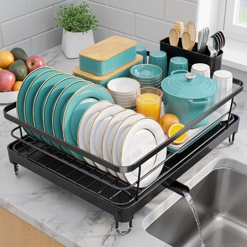 Sakugi Stainless Steel Countertop Dish Rack with Utensil Holder, 12.5" x 16.5", Black