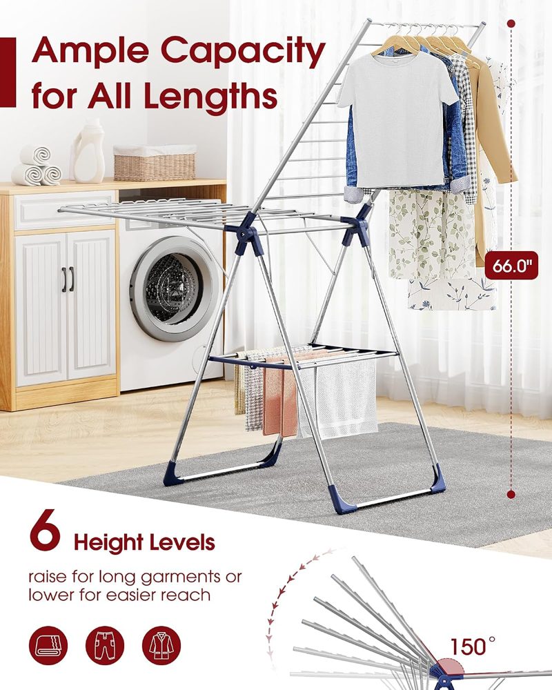 Sakugi Wing Clothes Drying Rack, 69.5" Adjustable Wings, Foldable — view 3